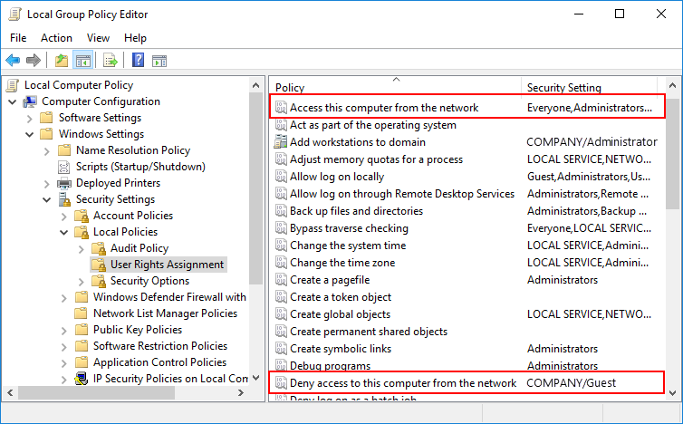 user rights assignment deny access to this computer from the network